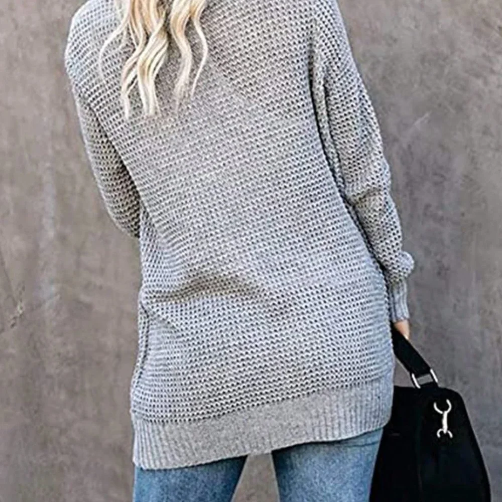 Grey Preppy Womens Dual Pocket Drop Shoulder Open Front Cardigan - Picture 2 of 5